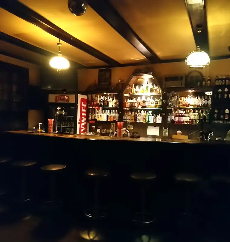 Bar Old Pub Jaszczur w ciepłym świetle lamp, z półkami butelek i rzędem hokerów