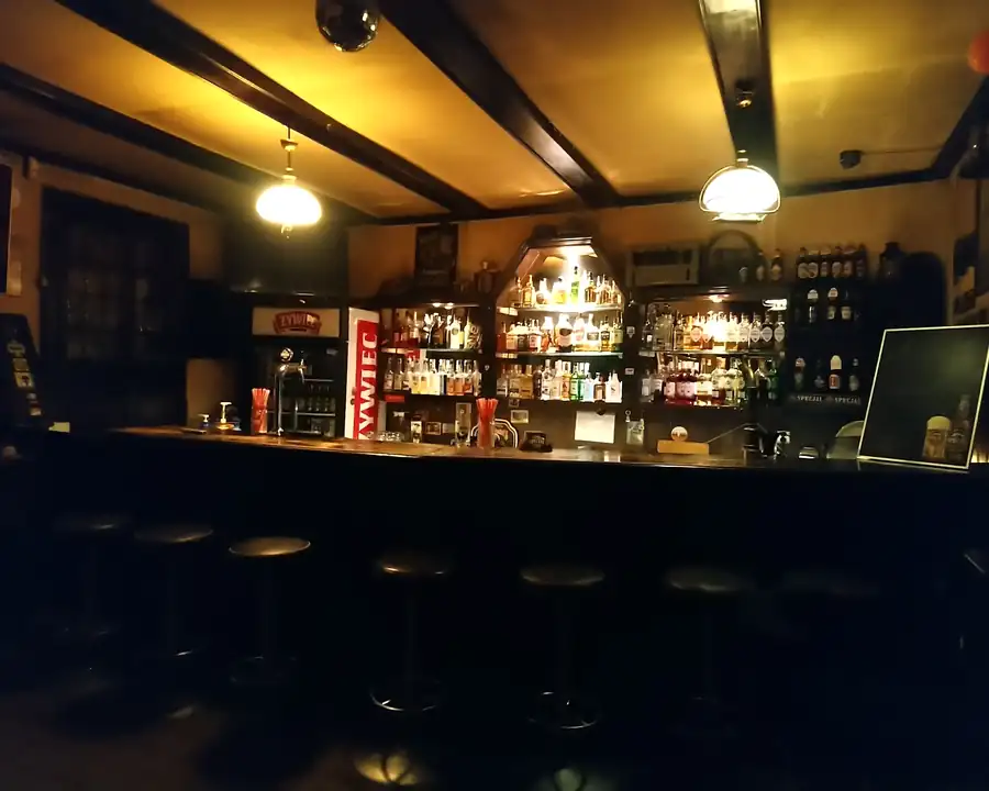 Bar z drewnianymi belkami i lampami nad ladą, za nim półki z butelkami